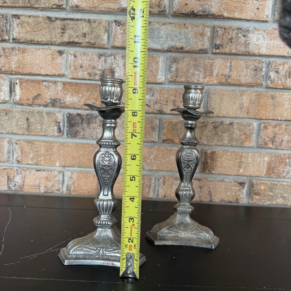 Vintage Ornate Metal Candlestick Holders Pair 9.5" Victorian Style Pewter Finish - Picture 7 of 8